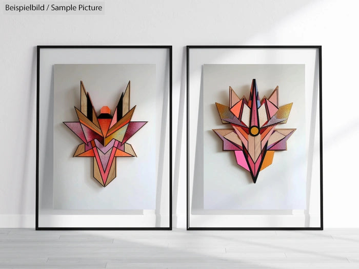 Two framed geometric fox head artworks with pink and orange designs on a white wall.