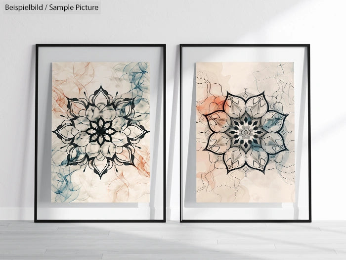 Two framed floral mandala artworks with abstract backgrounds on a light-colored wall.