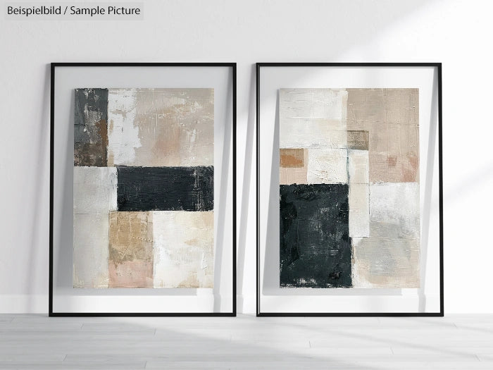 Two abstract paintings with geometric black, white, and beige shapes, framed and displayed against a white wall.