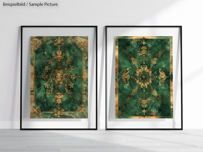 Two framed abstract art pieces with green and gold intricate patterns, displayed in a well-lit gallery setting.