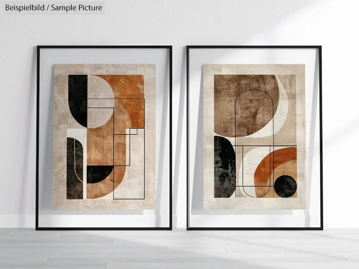 Two framed abstract paintings with geometric shapes in beige, black, and brown tones, displayed against a white wall.