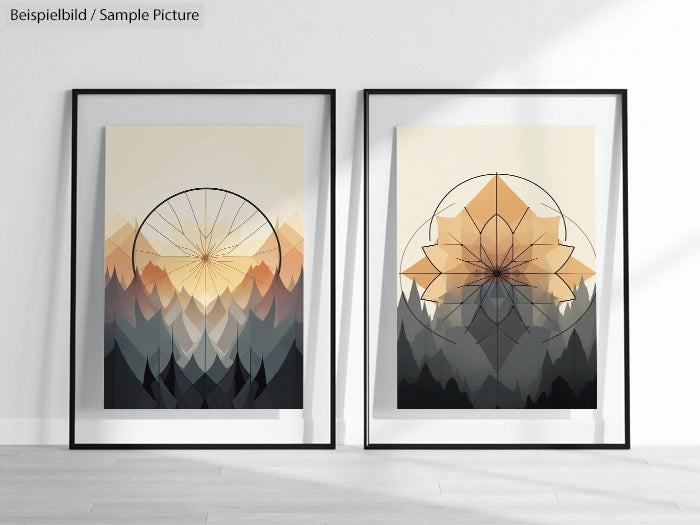 Two framed abstract geometric art prints with mountain and circular designs in neutral colors, displayed on a light wall.