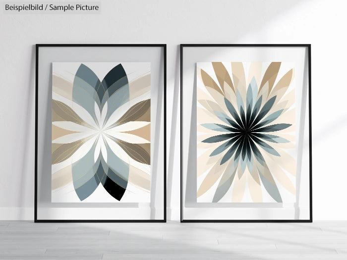 Two abstract flower pattern paintings in shades of blue and beige, framed and displayed against a light wall.