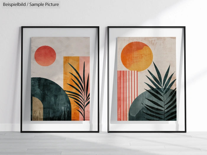 Two framed abstract paintings with sun, geometric shapes, and plant motifs in warm tones on a white wall.