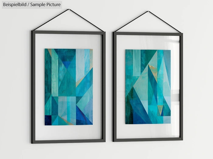 Two framed abstract paintings with geometric blue and teal shapes, displayed on a white wall.