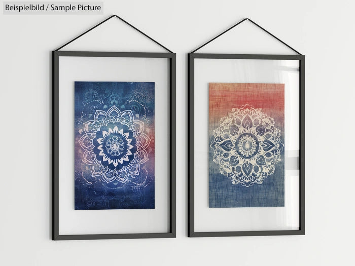 Two framed mandala art prints in black frames, one with blue tones and another with red and blue gradient background.