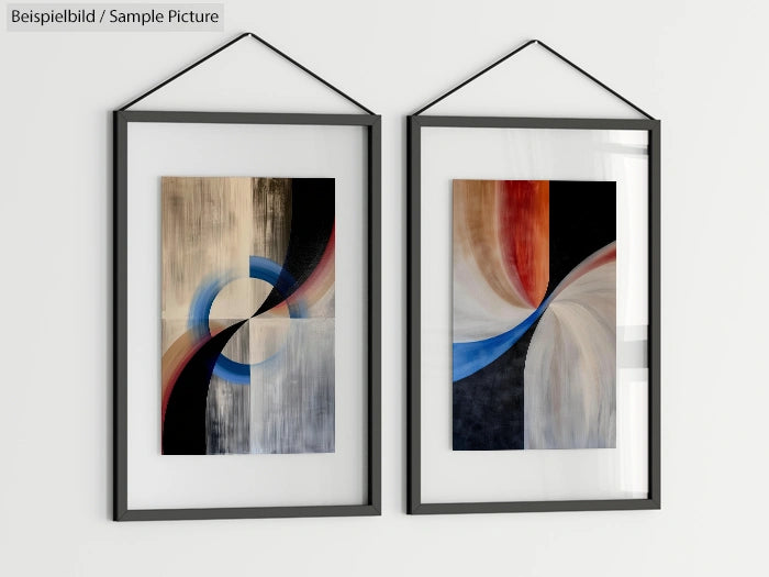 Two framed abstract paintings with swirling geometric patterns in blue, black, red, and beige on a white wall.