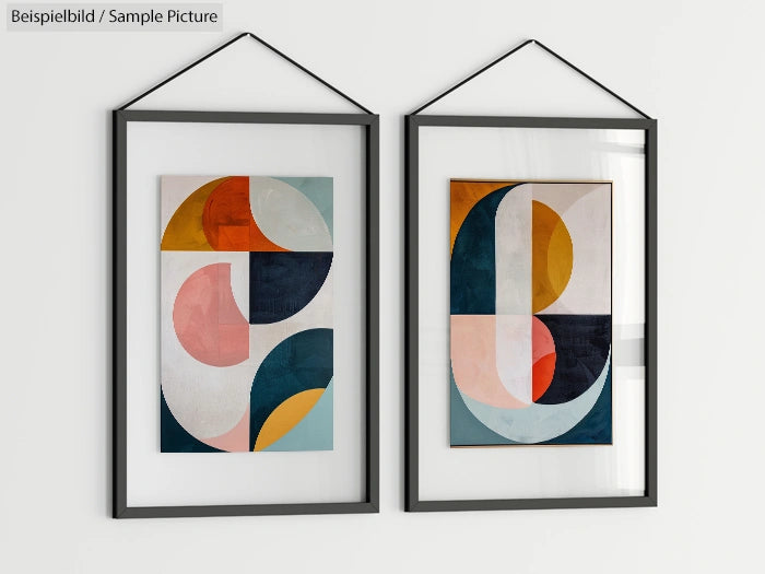 Two framed abstract geometric prints with colorful shapes on a white wall.