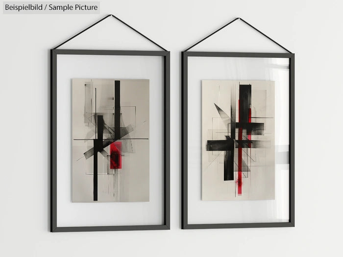 Two abstract art pieces in black frames with geometric shapes and red accents on a white wall.