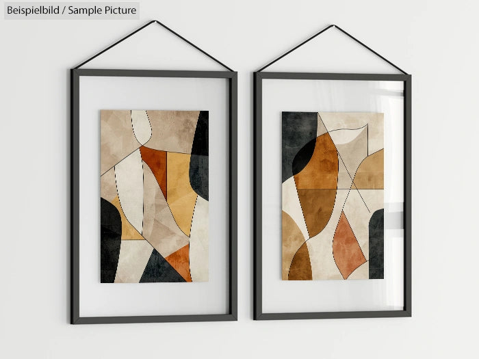 Two framed abstract paintings with geometric patterns in beige, black, and brown hues hung on a white wall.