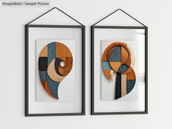 Framed geometric wooden art pieces with spiral designs on white backgrounds.