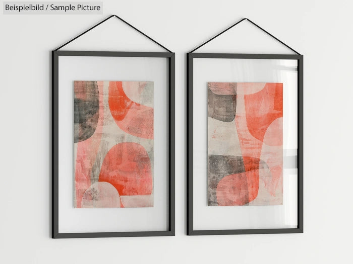 Two framed abstract art pieces with red and gray geometric patterns, hanging on a white wall.