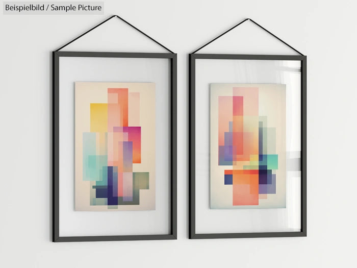 Two framed abstract geometric artworks with colorful rectangles and squares, displayed on a white wall.