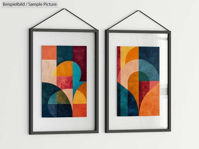 Two abstract geometric paintings with colorful semi-circles and rectangles, framed and hung side by side on a white wall.