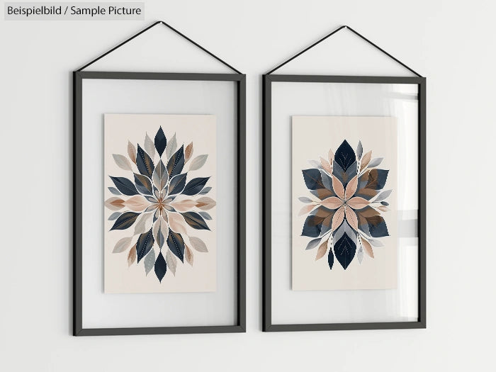 Two framed artworks with abstract floral designs in muted blue and beige tones, displayed on a wall.