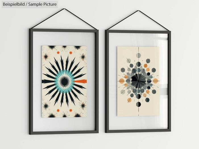 Two framed abstract art prints with geometric patterns and starburst designs on a white wall.