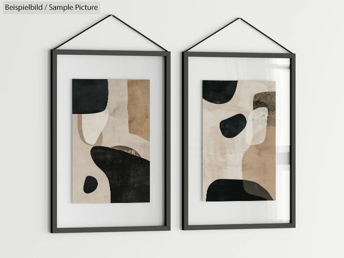 Two framed abstract paintings with black and beige shapes on white backgrounds hanging side by side on a wall.