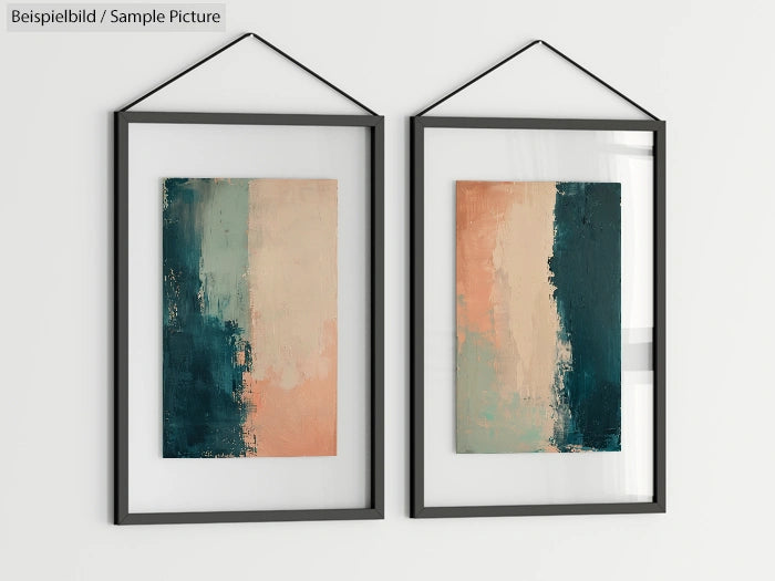 Two abstract paintings with vertical green, beige, and peach color blocks in black frames hanging on a white wall.