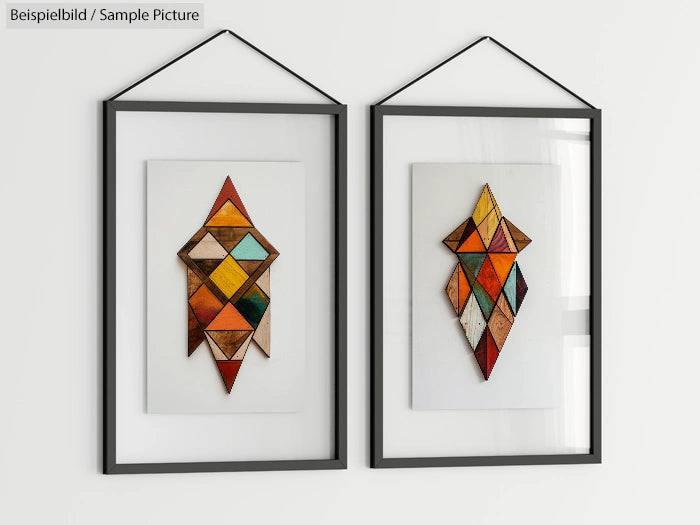 Two framed geometric wood art pieces with vibrant colors on a white wall.