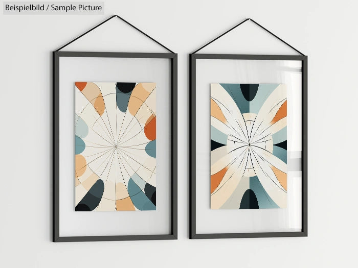 Two abstract art prints with geometric shapes in black frames, hung on a white wall.