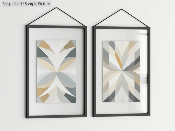 Two geometric abstract art prints in black frames, hung on a white wall.