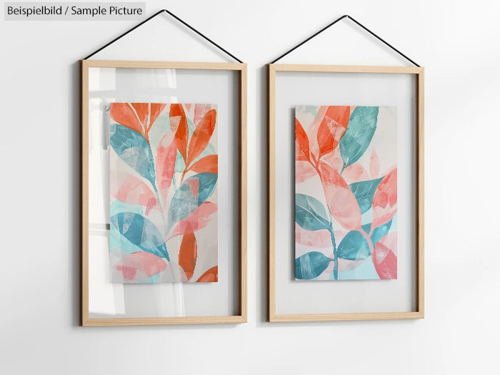 Two abstract leaf paintings in wooden frames with red, blue, and teal colors, hanging on a white wall.