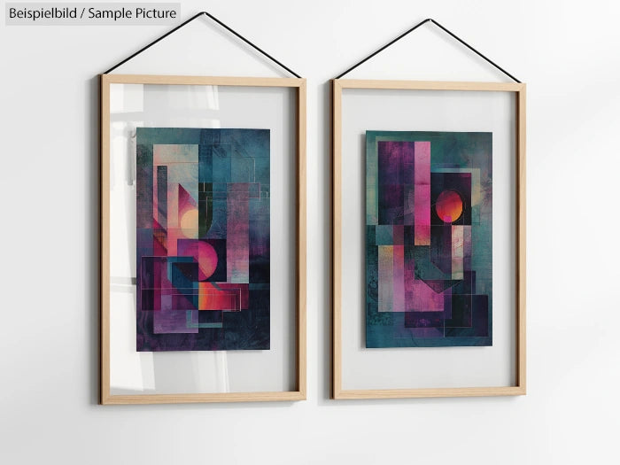 Two framed abstract art pieces with geometric shapes in pink, purple, and blue hues, hanging on a white wall.