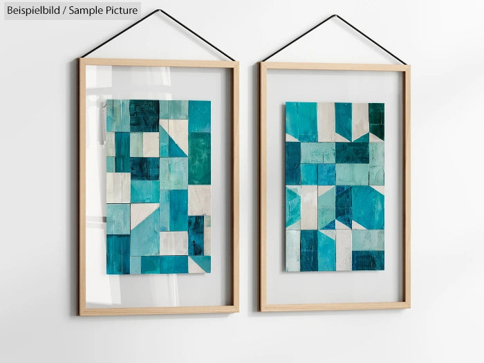 Two framed abstract art pieces with teal and white geometric patterns, hanging on a white wall.