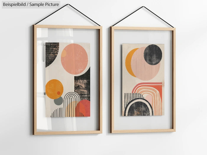 Two framed abstract prints with geometric shapes in orange, pink, and black, hanging on a white wall.