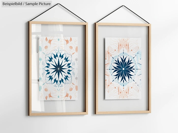 Two framed artworks with intricate symmetrical designs in blue and peach tones hung on a white wall.