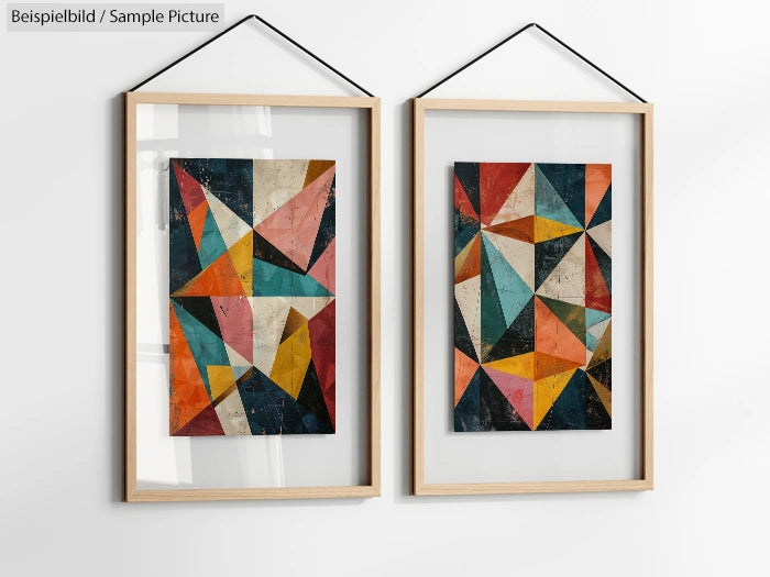 Two framed geometric abstract paintings with colorful triangles and squares hang on a white wall.