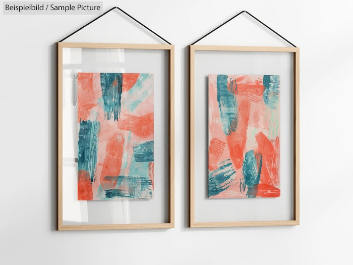 Framed abstract paintings with coral and teal brushstrokes, hanging on a white wall.