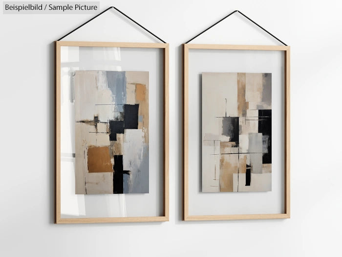 Two abstract paintings in wood frames, featuring beige, black, and white geometric shapes, hanging on a white wall.