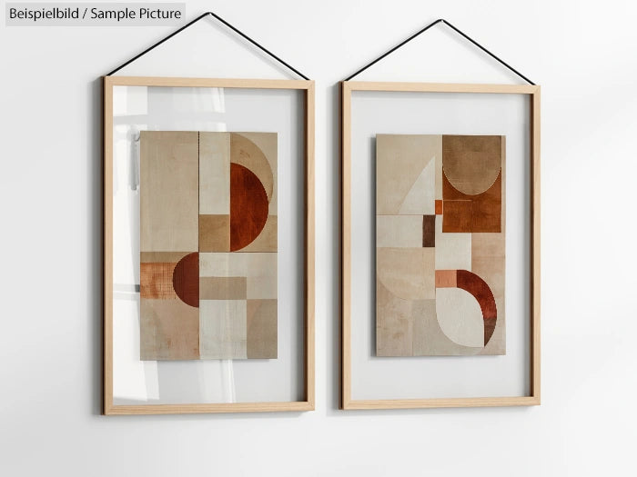 Two framed abstract geometric art pieces with earthy tones hanging on a white wall.