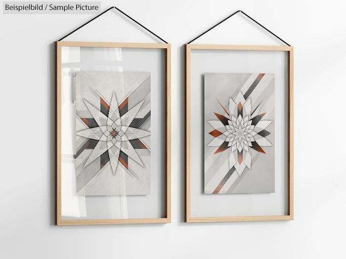 Geometric abstract art in wooden frames hanging on white wall.