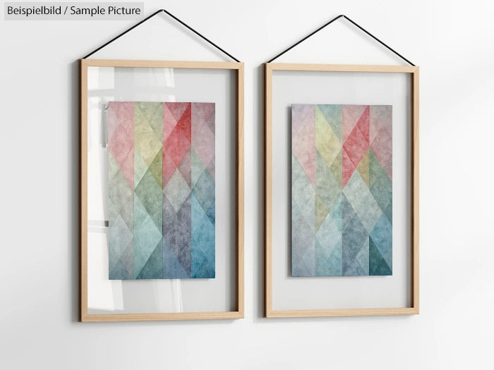 Two framed abstract paintings with colorful geometric patterns, hanging on a white wall.