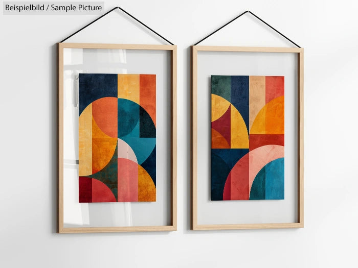 Two framed abstract paintings with geometric shapes in warm and cool tones, hung side by side on a white wall.