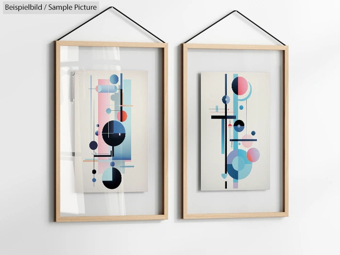 Two abstract geometric art pieces in wooden frames on wall, featuring colorful circles and lines.