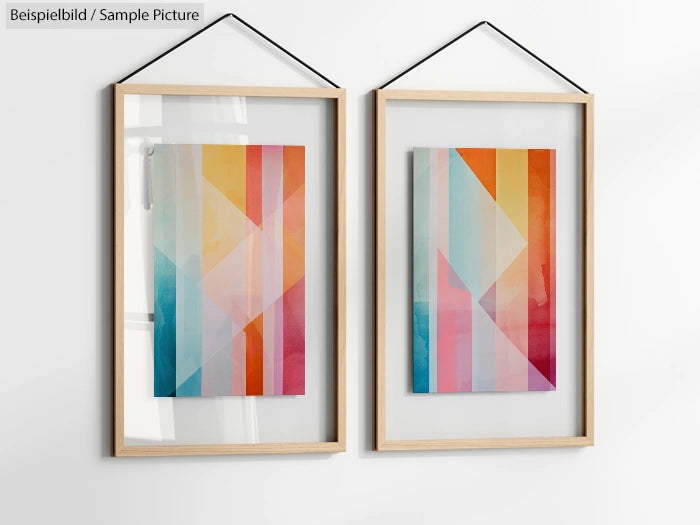 Two framed geometric abstract paintings with colorful vertical and diagonal stripes, hung on a white wall.