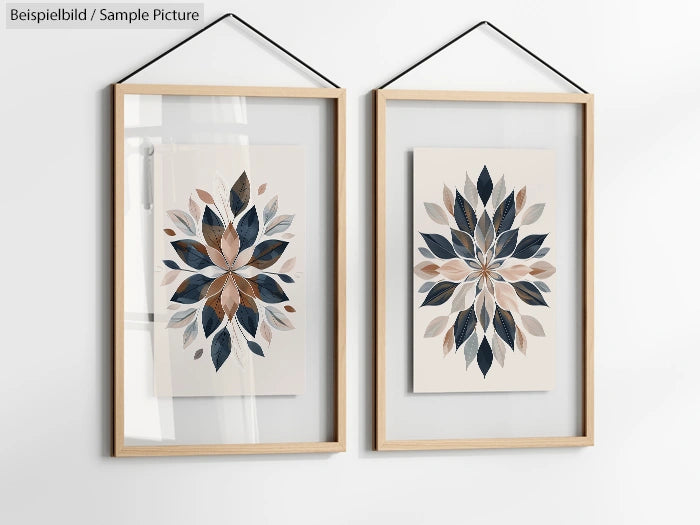 Two framed abstract floral artworks with navy, beige, and brown leaf designs hanging on a white wall.