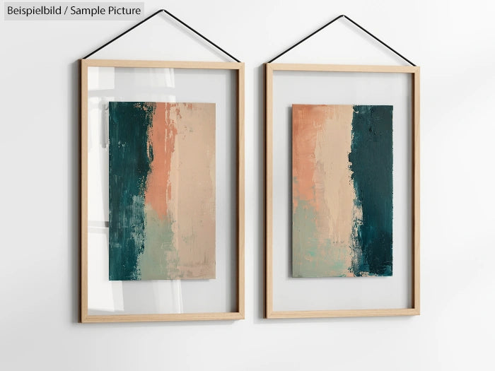 Two abstract paintings with vertical green and beige streaks in wooden frames, hanging on a white wall.