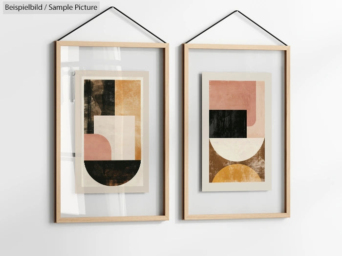 Two framed abstract paintings with geometric shapes in black, beige, and brown hues, hanging on a white wall.