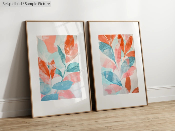 Two framed abstract paintings with leaf patterns in blue, red, and pink tones, leaning against a white wall on wooden floor.