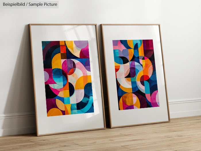 Two framed abstract paintings with colorful geometric patterns, leaning against a white wall on a wooden floor.