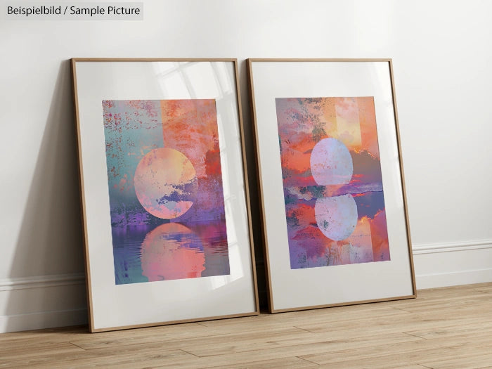 Two framed abstract prints with colorful circular and textured designs on a wooden floor against a white wall.