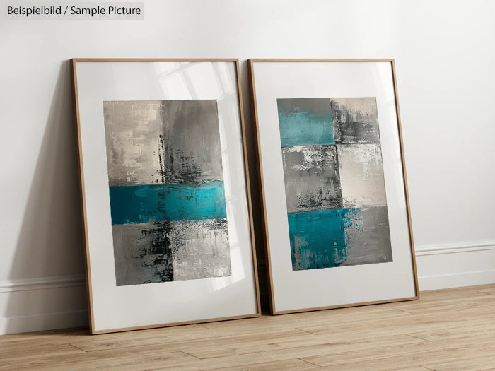 Two abstract paintings with turquoise, gray, and black on framed canvases, leaning against a white wall on wooden floor.