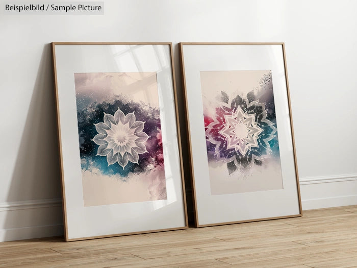 Two framed abstract art prints with mandala designs, one with a gray theme and the other in purple and blue hues.