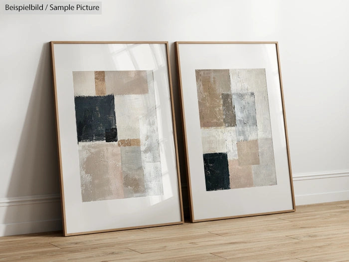 Two framed abstract art pieces with geometric patterns in black, beige, and white, leaning against a white wall.