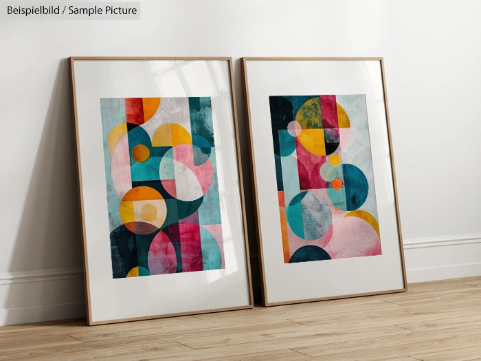 Two abstract framed artworks with colorful geometric shapes leaning against a white wall on a wooden floor.