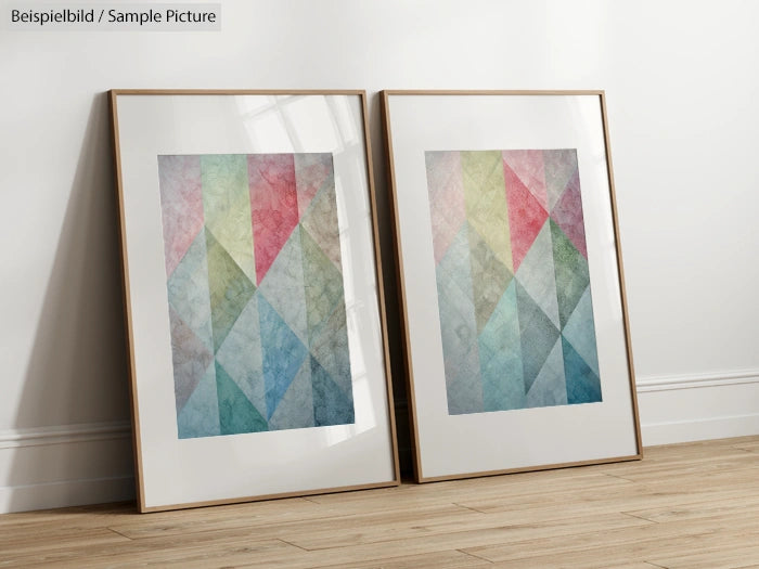 Two framed abstract paintings with pastel geometric patterns leaning against a white wall on a wooden floor.